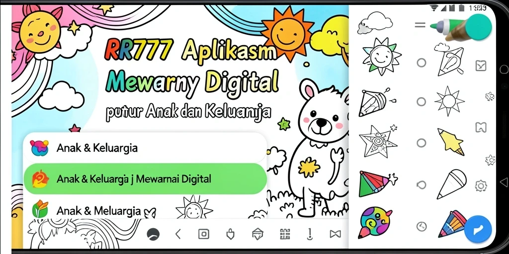 Tampilan antarmuka aplikasi Mewarnai Digital RR777 yang menarik dan interaktif.